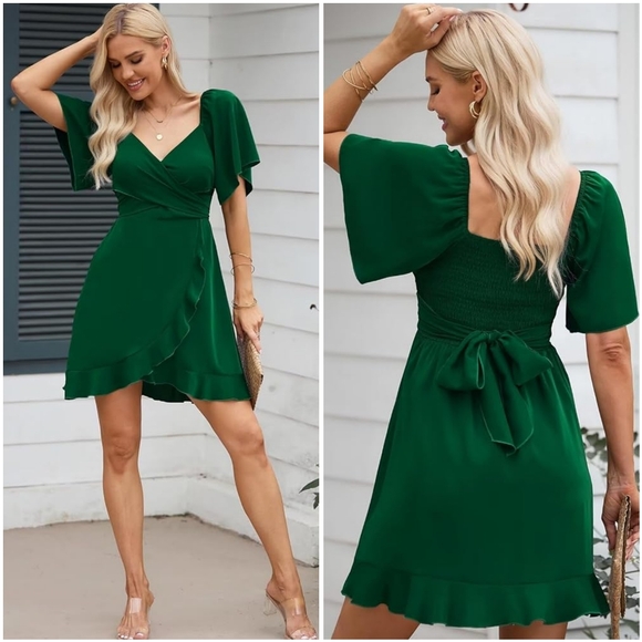NWT Dokotoo Green V Wrap Tie Ruffle Short Flutter Sleeve Cocktail Mini Dress L - Picture 2 of 15